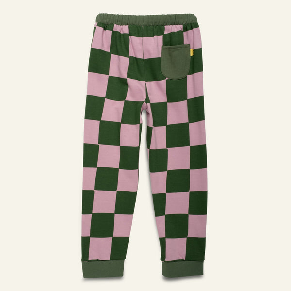 Mon Coeur Kids Green Checkered Jogger with adjustable drawstring waistband detail, organic cotton kids' pants