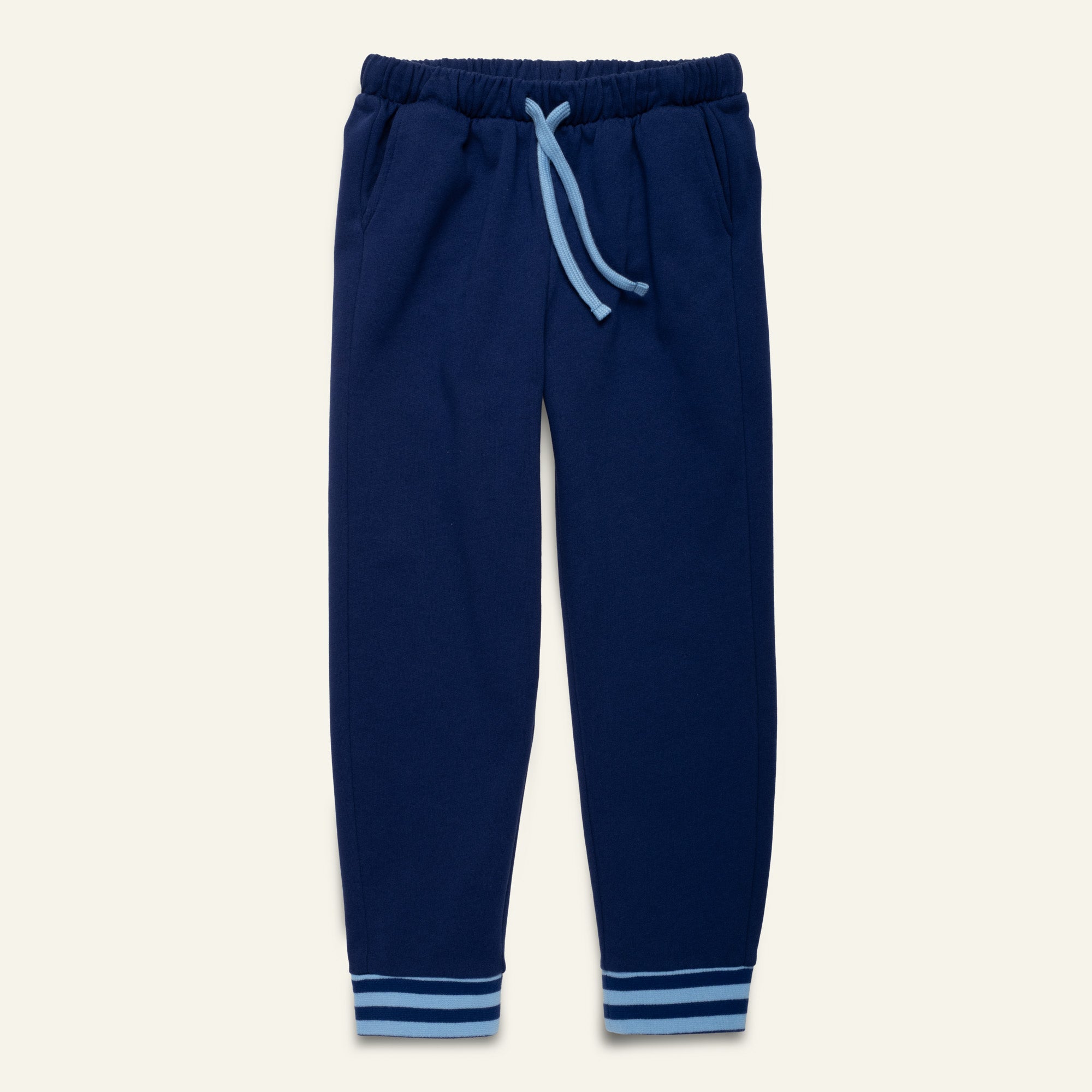 Mon Coeur Navy Jogger for kids in organic and recycled cotton with striped cuffs and elastic waistband