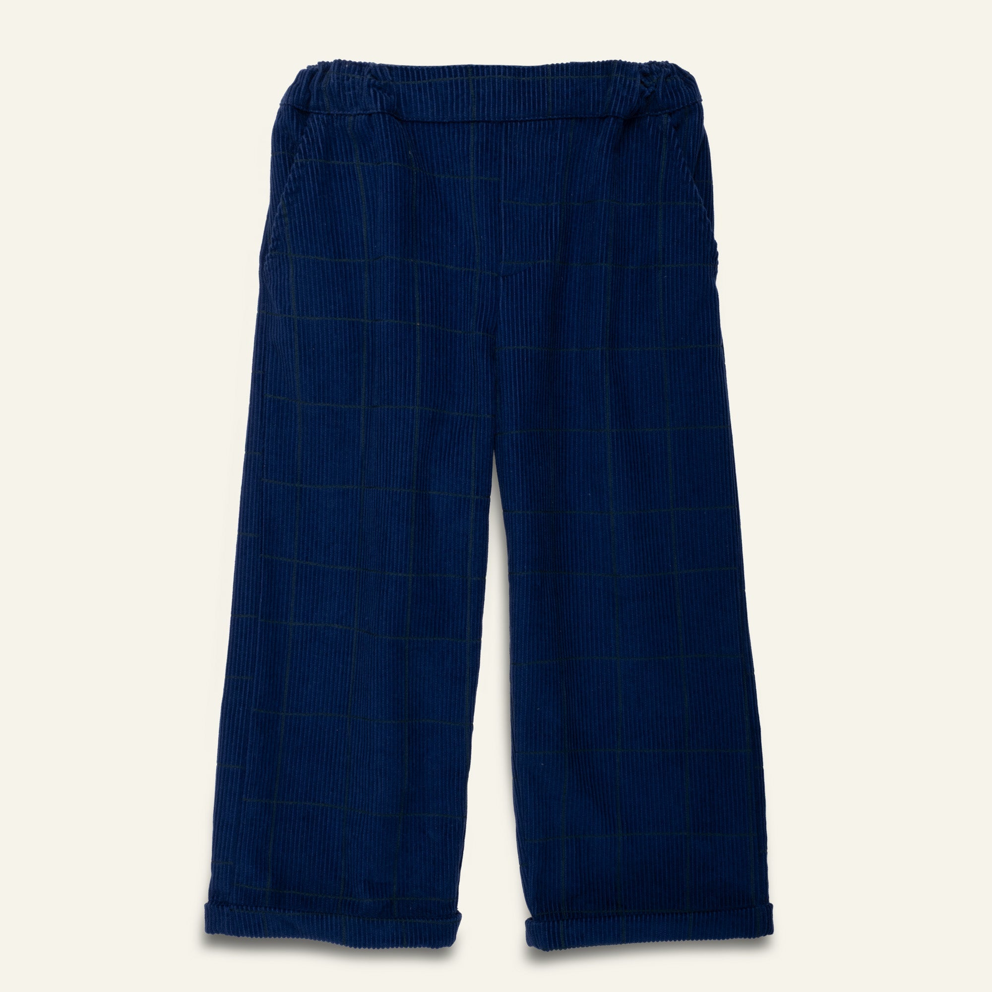 Mon Coeur Kids Navy Grid Corduroy Pant in a relaxed wide-leg silhouette, made from organic and recycled fabrics