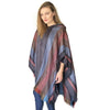 Close-up of the six-band alpaca poncho's layered stripe pattern in rich, earthy tones