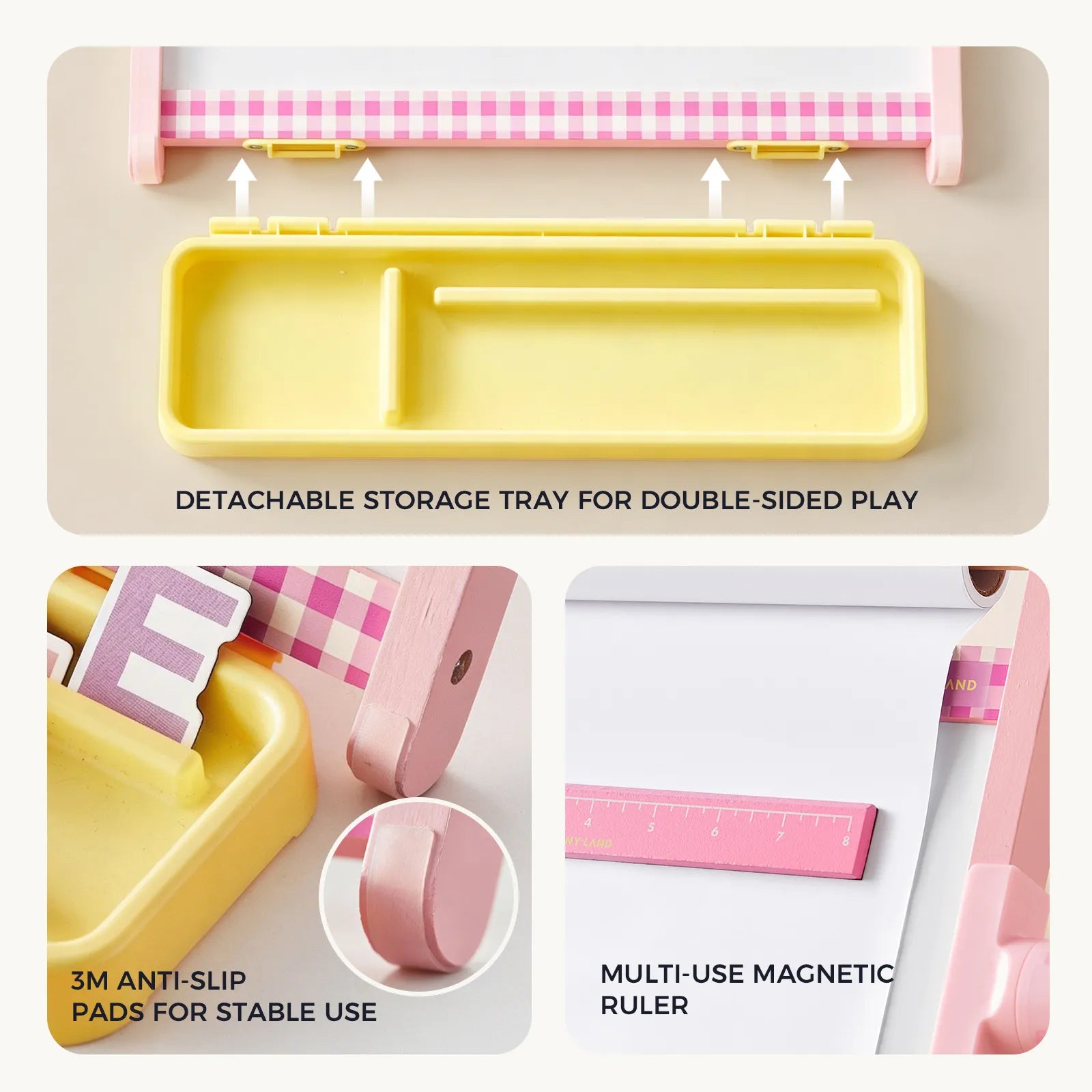 A pink and yellow double-sided play magnetic storage tray set, showing a detachable yellow storage tray, 3M anti-slip pads, a pink magnetic ruler, and wooden letter pieces on a light beige background.