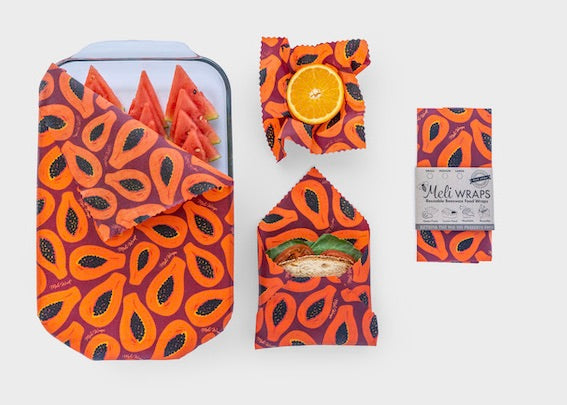 Meli wraps with fruit pattern on a white background