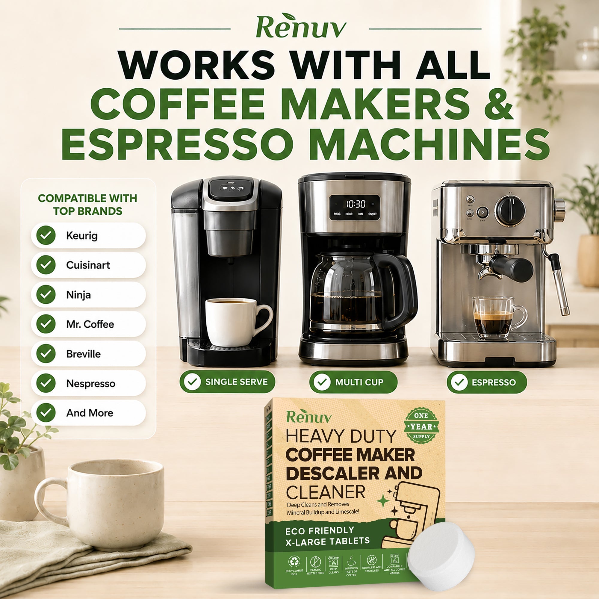 Renuv Coffee Maker Cleaner & Descaler Tablets – 12 Uses