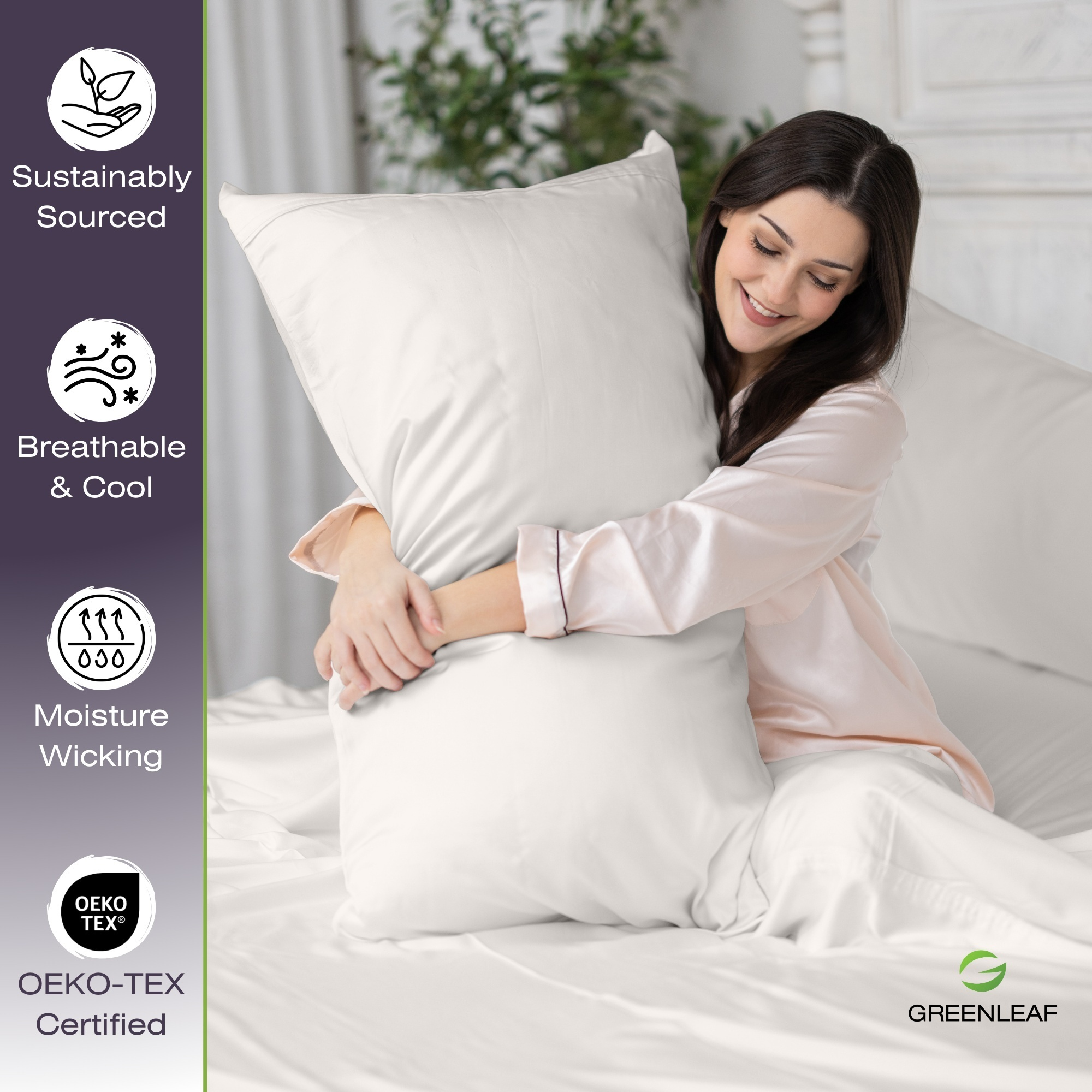 Woman holding a large white pillow with sustainability features listed on the left.