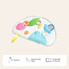 Colorful baby toy with various shapes and textures on a beige background