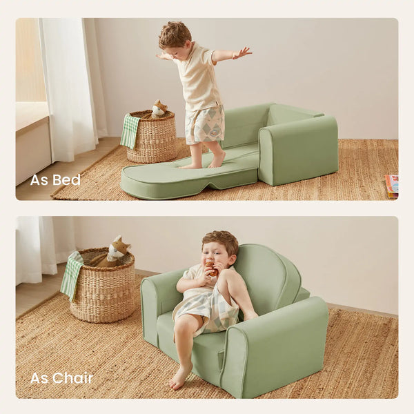 Children playing on a green multi-functional chair/bed in a room with a basket and toys.