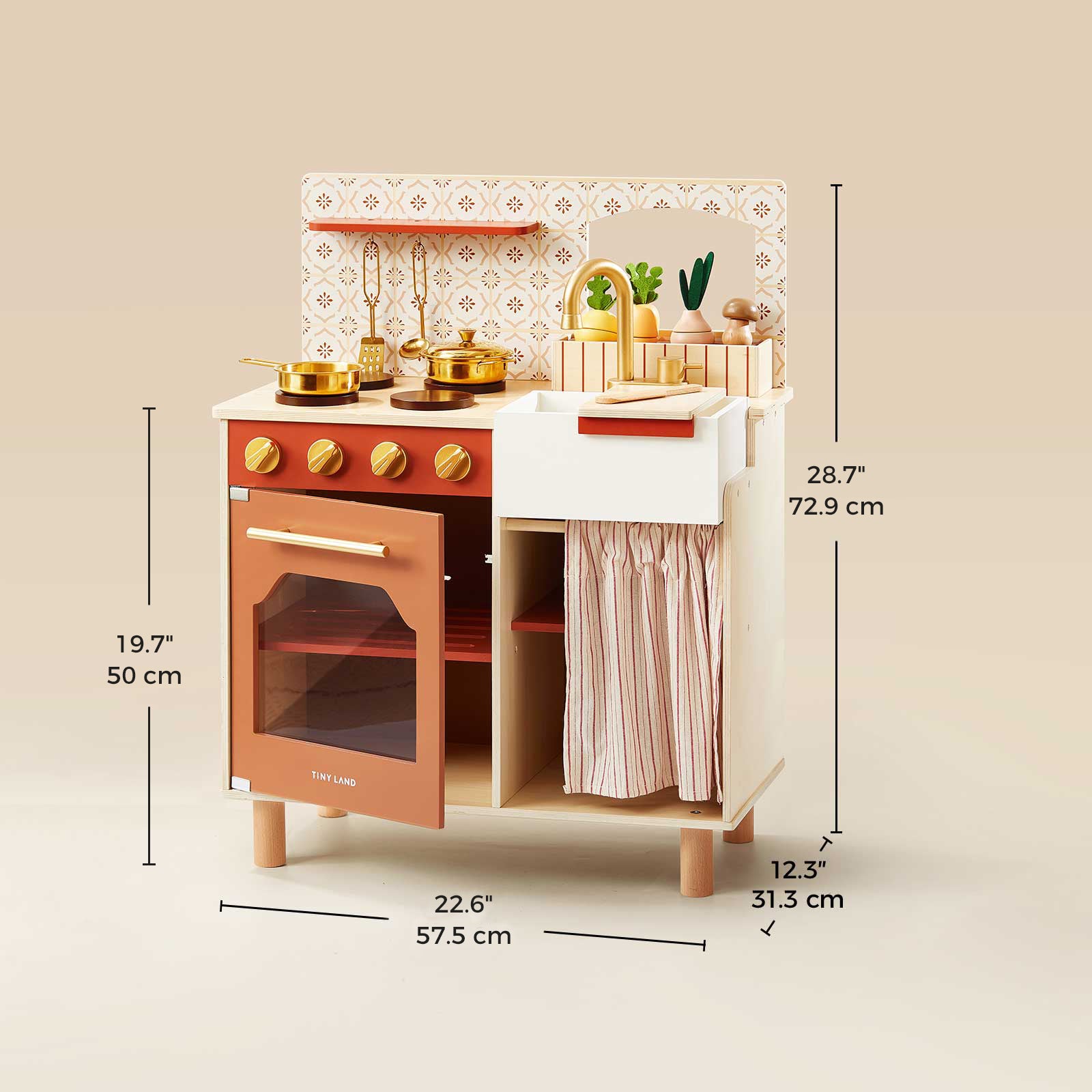 Children's play kitchen set with measurements on a beige background