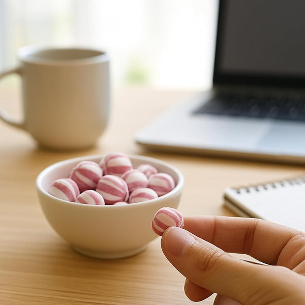 Pink and white striped candies held by a hand with a bowl, mug, and laptop in the background.