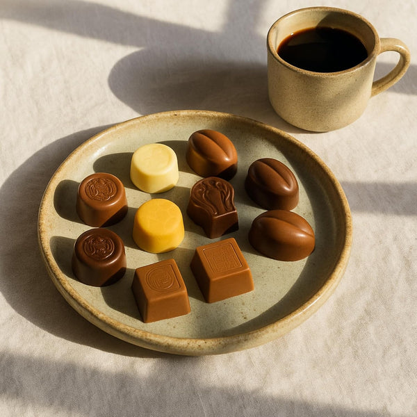 Assorted chocolates on a ceramic plate with a cup of coffee on a light fabric background