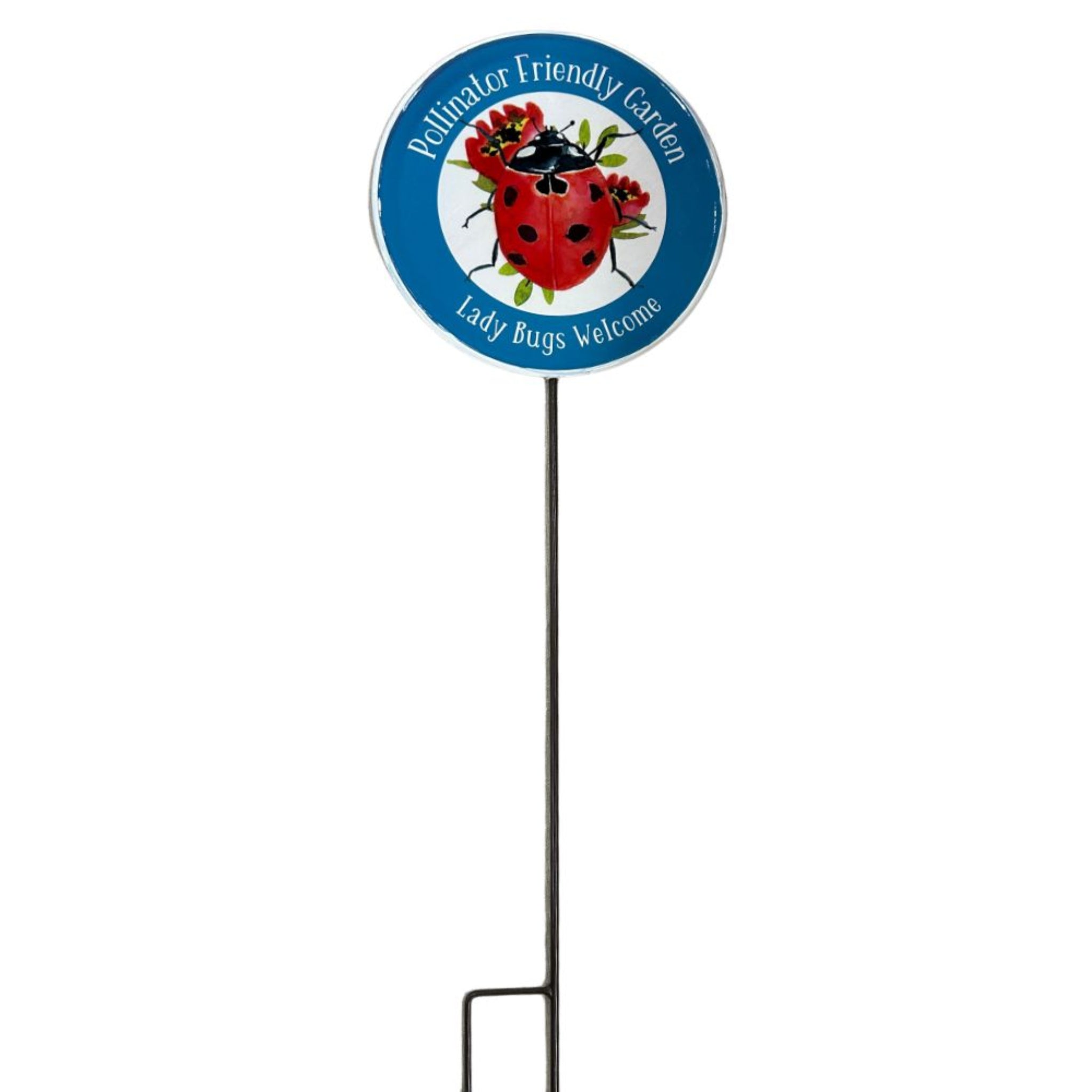 Garden stake with a ladybug design and text on a white background