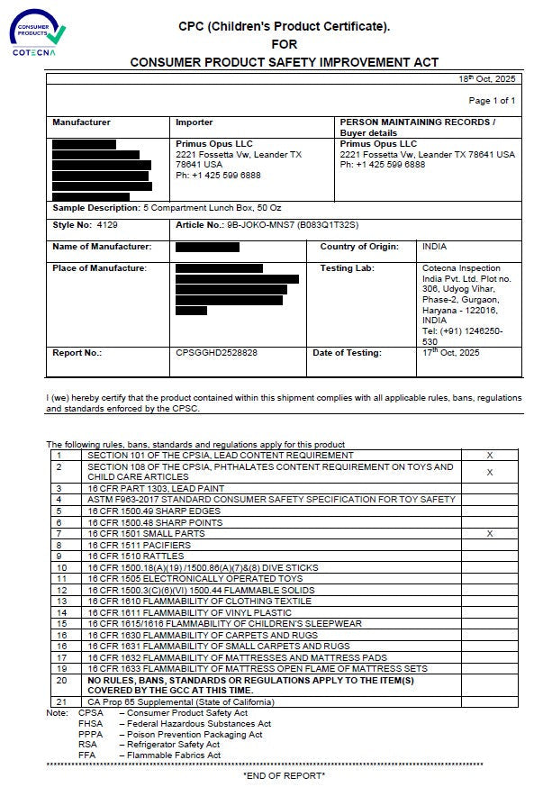 CPC (Children's Product Certificate) for Consumer Product Safety Improvement Act, with various fields filled out.