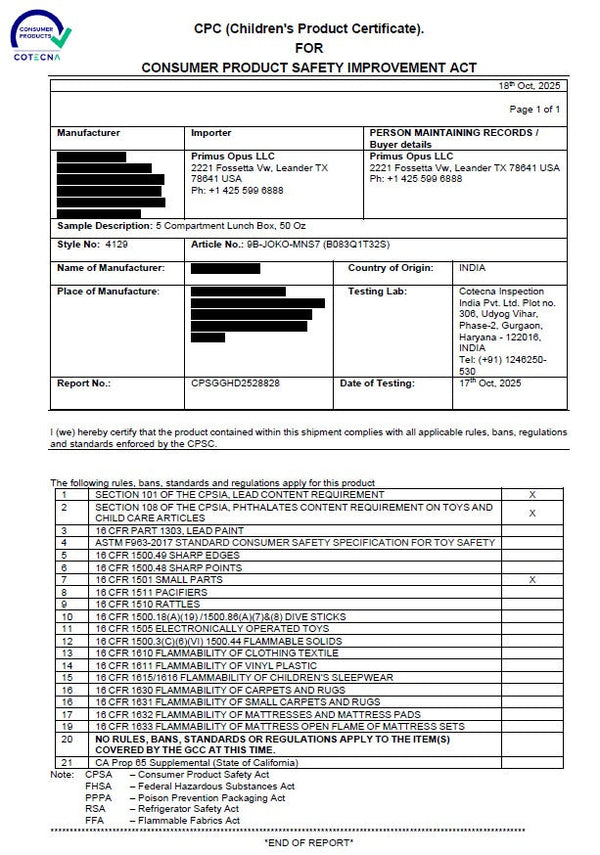 CPC (Children's Product Certificate) for Consumer Product Safety Improvement Act, with various fields filled out.