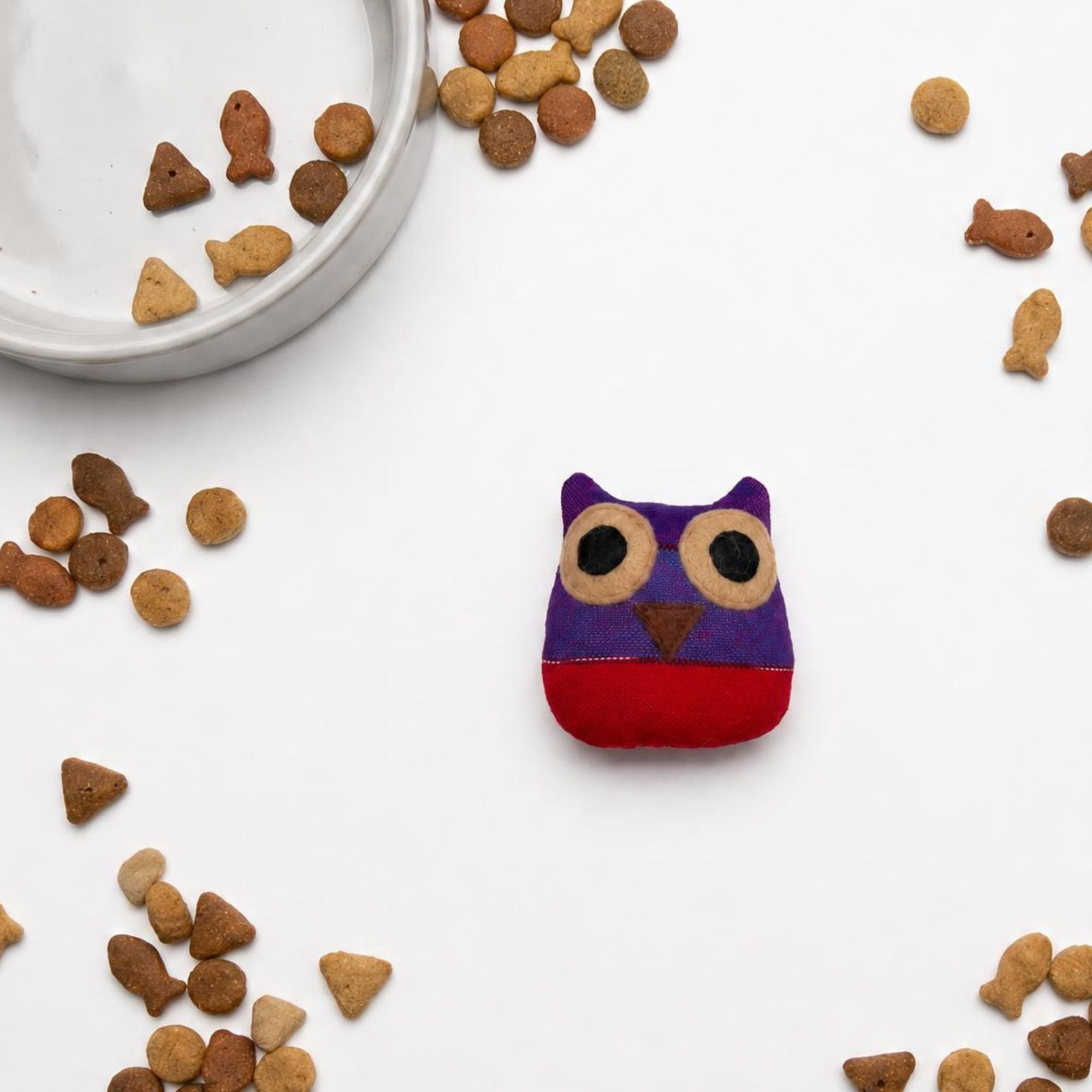 Organic catnip owl cat toy handmade from upcycled Guatemalan cotton fabric