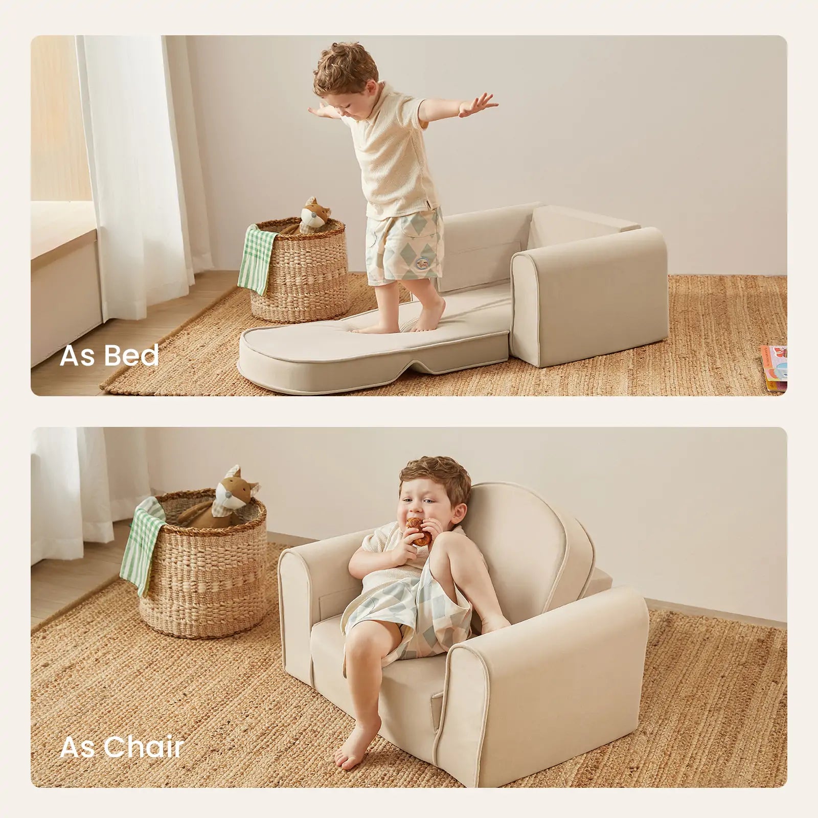Child playing on a multi-functional furniture piece that can be used as a bed or chair.