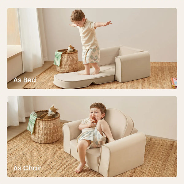 Child playing on a multi-functional furniture piece that can be used as a bed or chair.