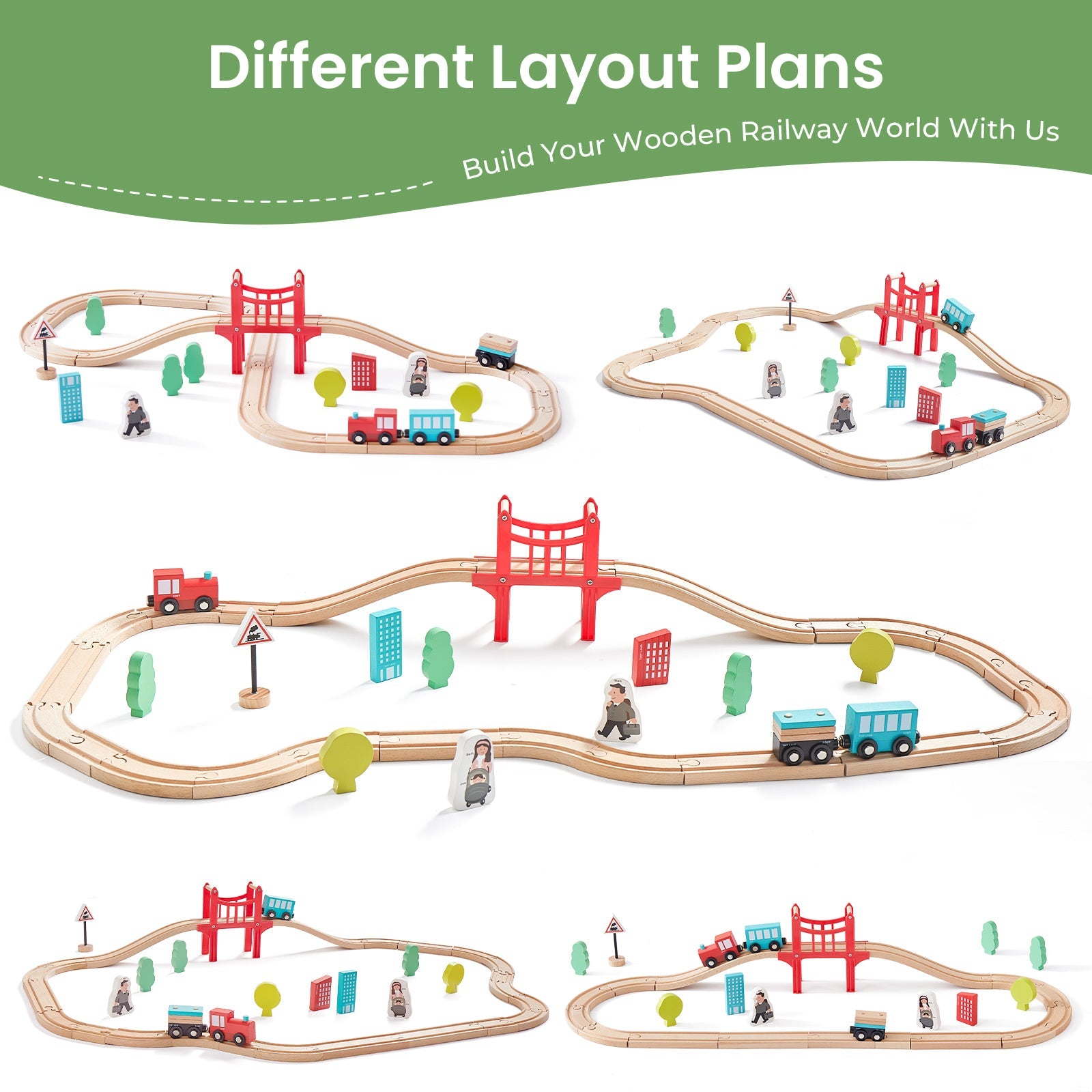 Wooden railway set with various layout plans on a white background