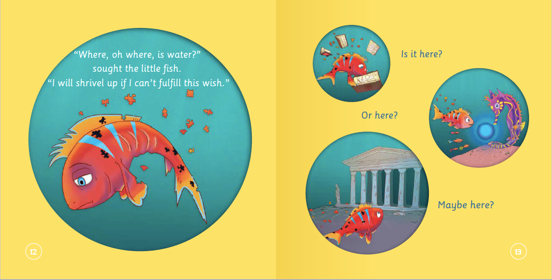 Interactive activity and discussion pages inside The Fish Who Searched for Water – children's emotional wellbeing and mindfulness book