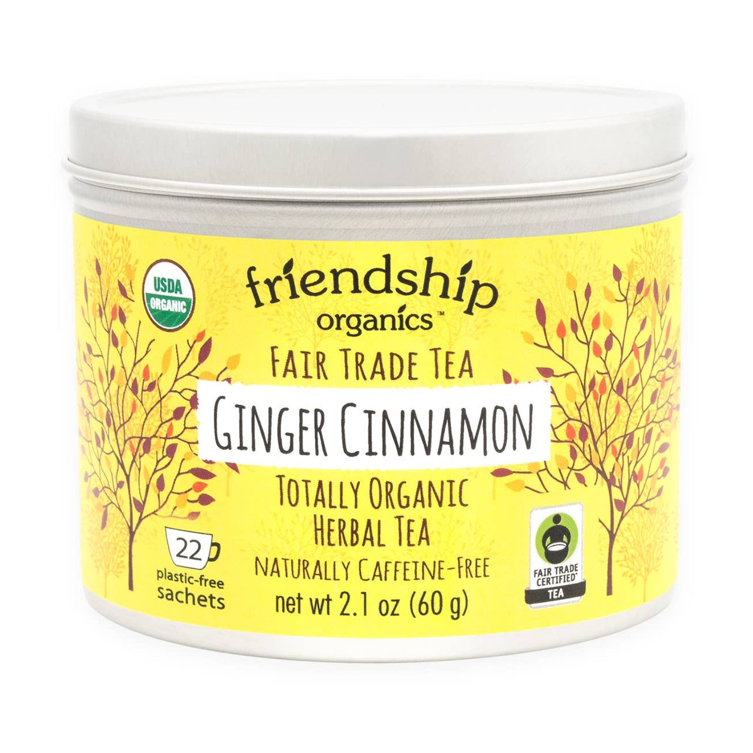 Organic ginger cinnamon herbal tea in a reusable recyclable tin by Friendship Organics