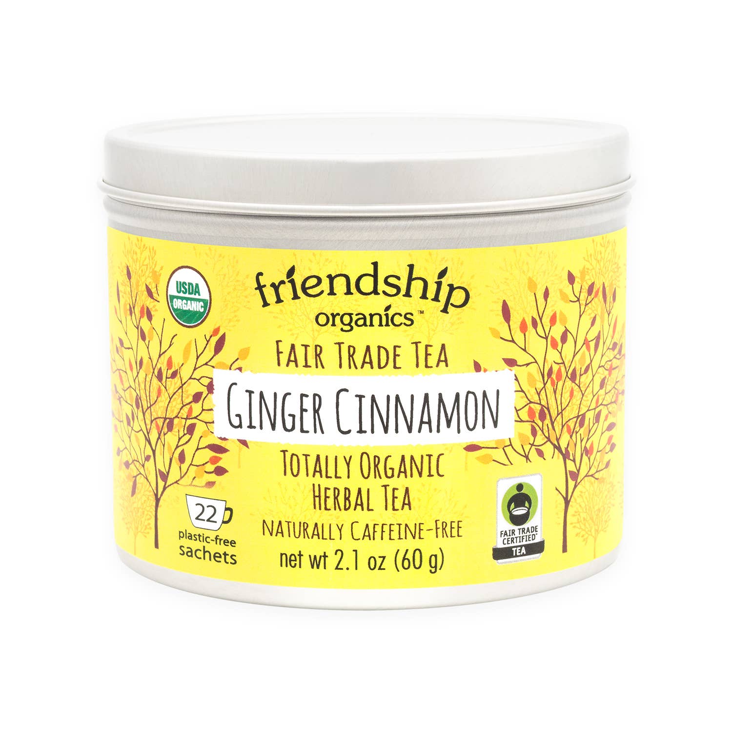 Caffeine-free ginger cinnamon herbal tea tin with plastic-free packaging