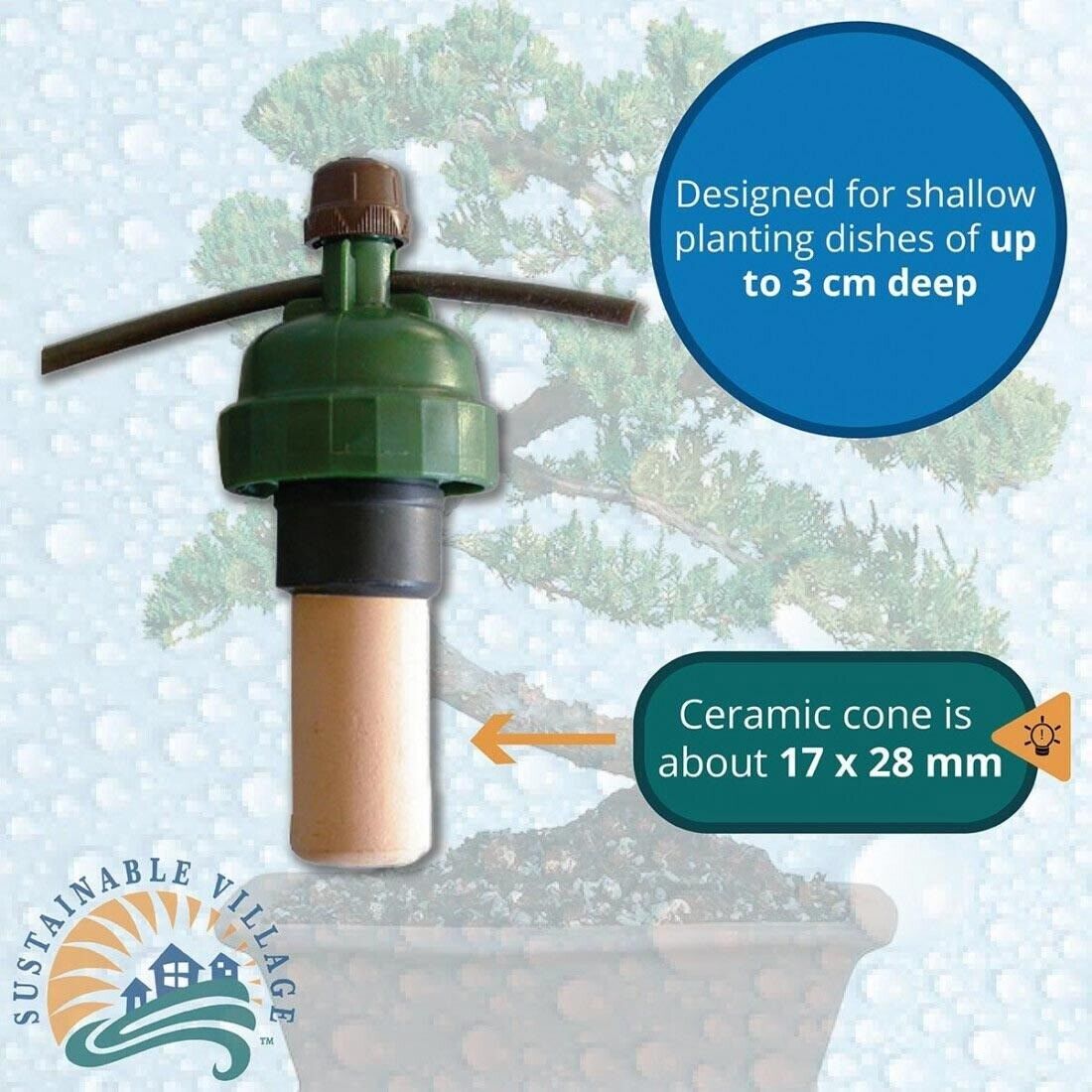 Green and brown gardening tool with text about its use and dimensions, on a light blue background.