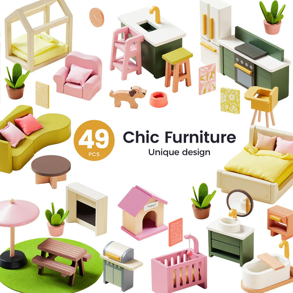 Collection of miniature furniture pieces with '49 pcs' and 'Chic Furniture' text on a white background.