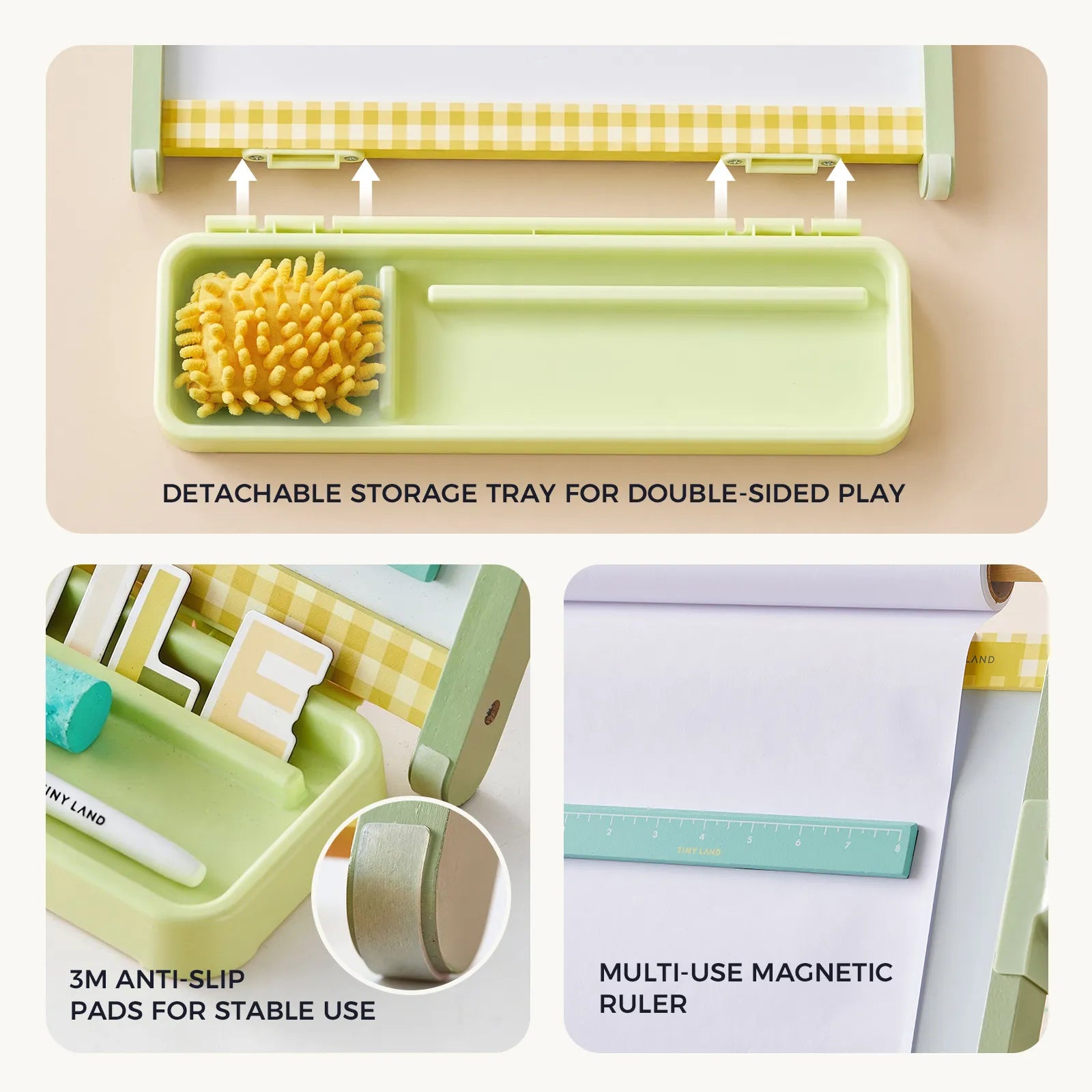 A collage showing a pale green double-sided play storage tray set with text callouts. The top panel shows a detachable storage tray with a yellow sponge and white storage rod, labeled 'DETACHABLE STORAGE TRAY FOR DOUBLE-SIDED PLAY.