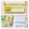 A collage showing a pale green double-sided play storage tray set with text callouts. The top panel shows a detachable storage tray with a yellow sponge and white storage rod, labeled 'DETACHABLE STORAGE TRAY FOR DOUBLE-SIDED PLAY.