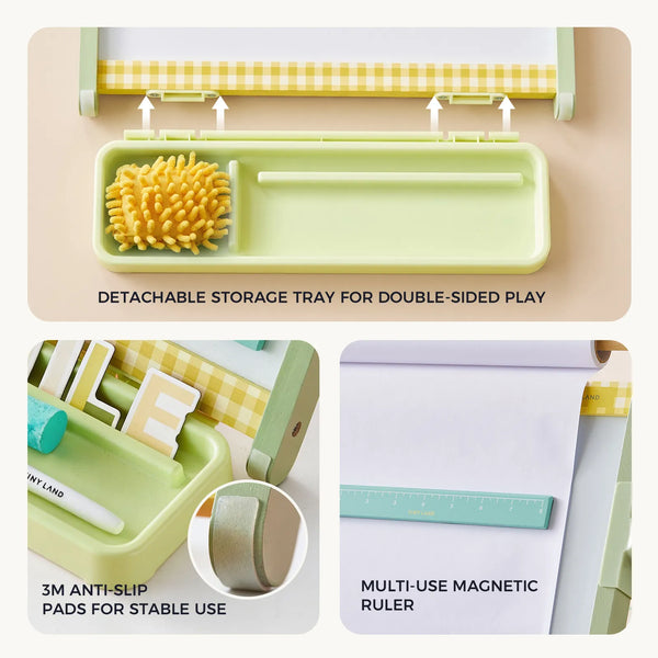 A collage showing a pale green double-sided play storage tray set with text callouts. The top panel shows a detachable storage tray with a yellow sponge and white storage rod, labeled 'DETACHABLE STORAGE TRAY FOR DOUBLE-SIDED PLAY.