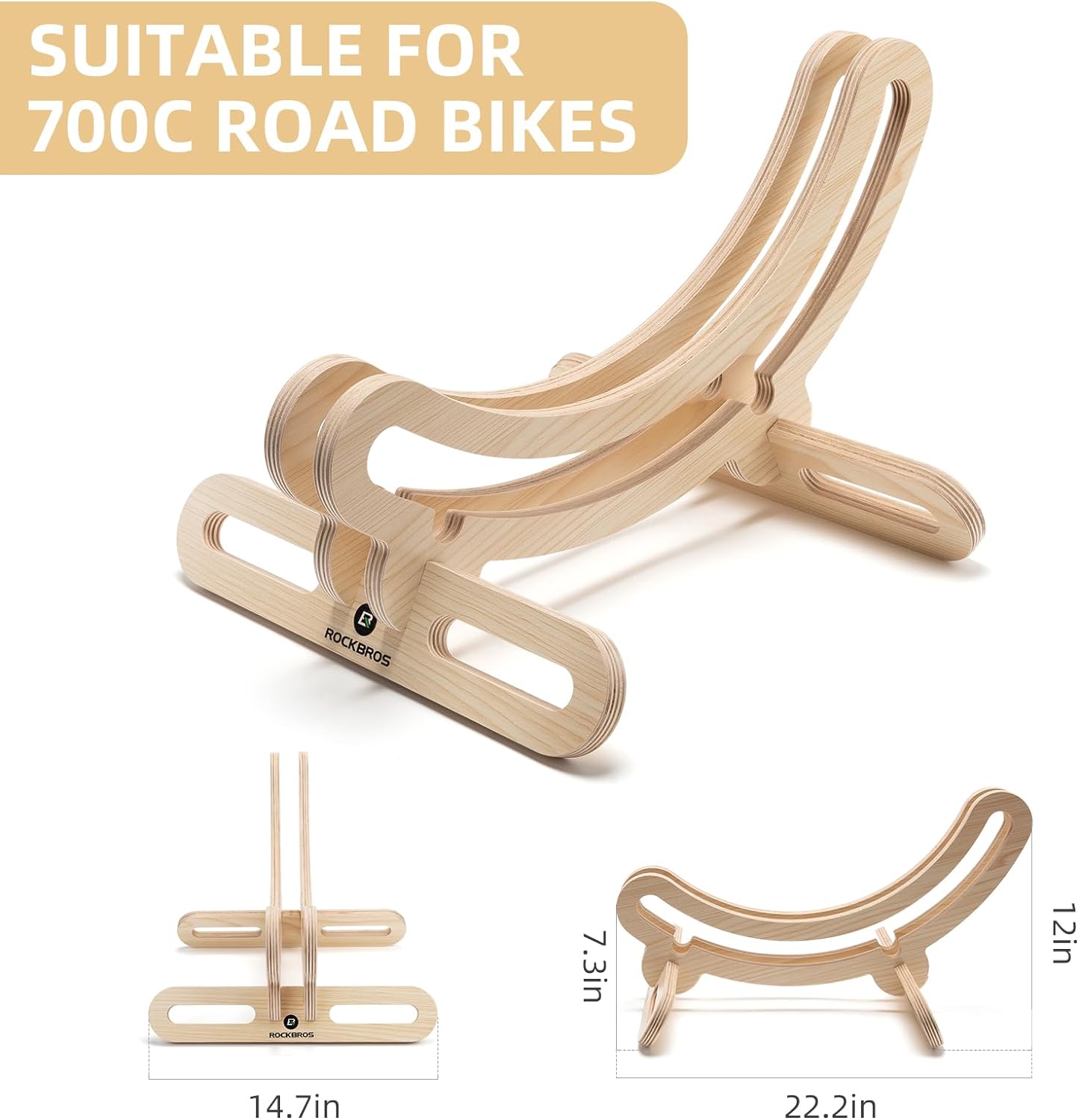Wooden bike stand suitable for 700c road bikes with dimensions displayed.