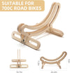 Wooden bike stand suitable for 700c road bikes with dimensions displayed.