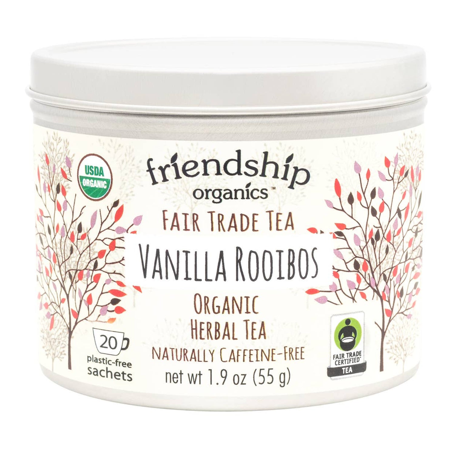 Friendship Organics Vanilla Rooibos Herbal Tea tin with plastic-free packaging on a white background