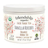 Friendship Organics Vanilla Rooibos Herbal Tea tin with plastic-free packaging on a white background