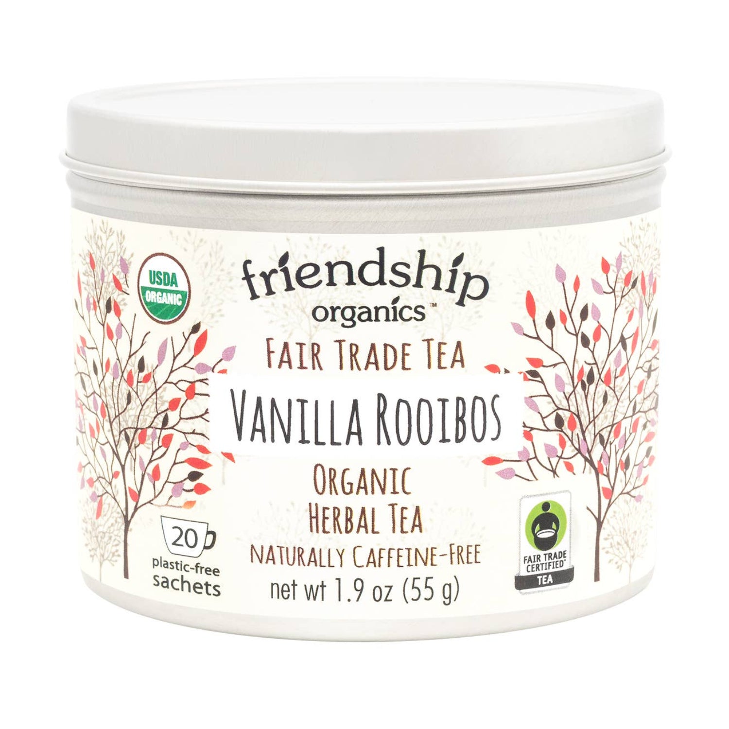 Close-up of Vanilla Rooibos Herbal Tea tin showing organic and fair trade certification labels