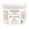 Close-up of Vanilla Rooibos Herbal Tea tin showing organic and fair trade certification labels