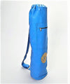Blue yoga mat bag with a gold emblem on a white background
