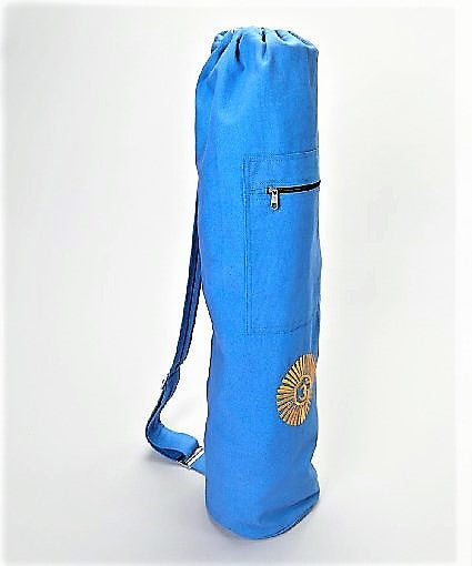 Blue yoga mat bag with a gold emblem on a white background