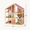 Wooden dollhouse with furniture and measurements on a white background
