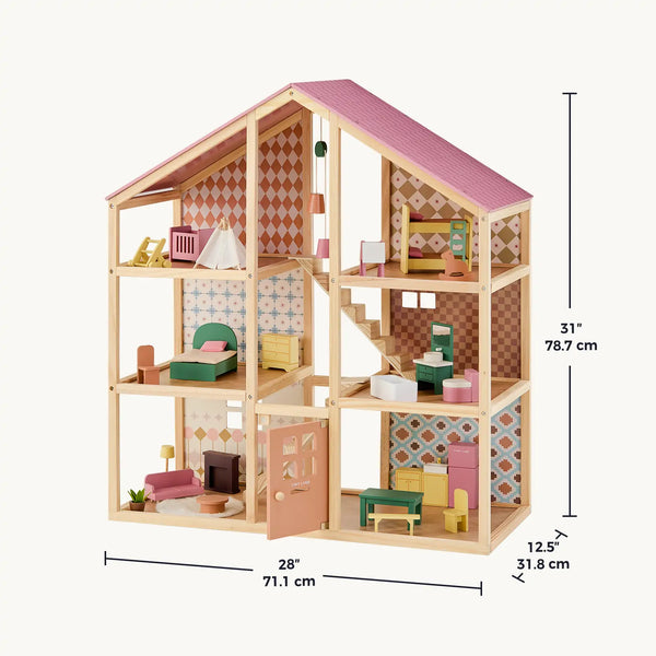 Wooden dollhouse with furniture and measurements on a white background