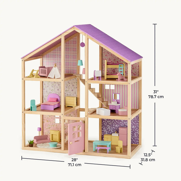 Wooden dollhouse with pink and purple accents and furniture, shown with dimensions on a white background.