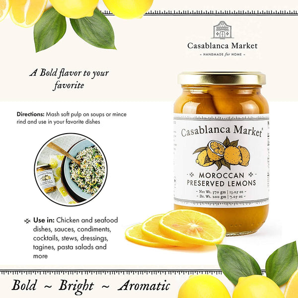 Casablanca Market Moroccan Preserved Lemons jar with lemon slices and leaves on a white background