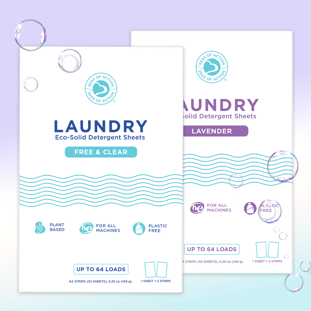 Seas of Action laundry detergent sheets in Free and Clear and Lavender scents – eco-friendly, family-safe, up to 64 loads