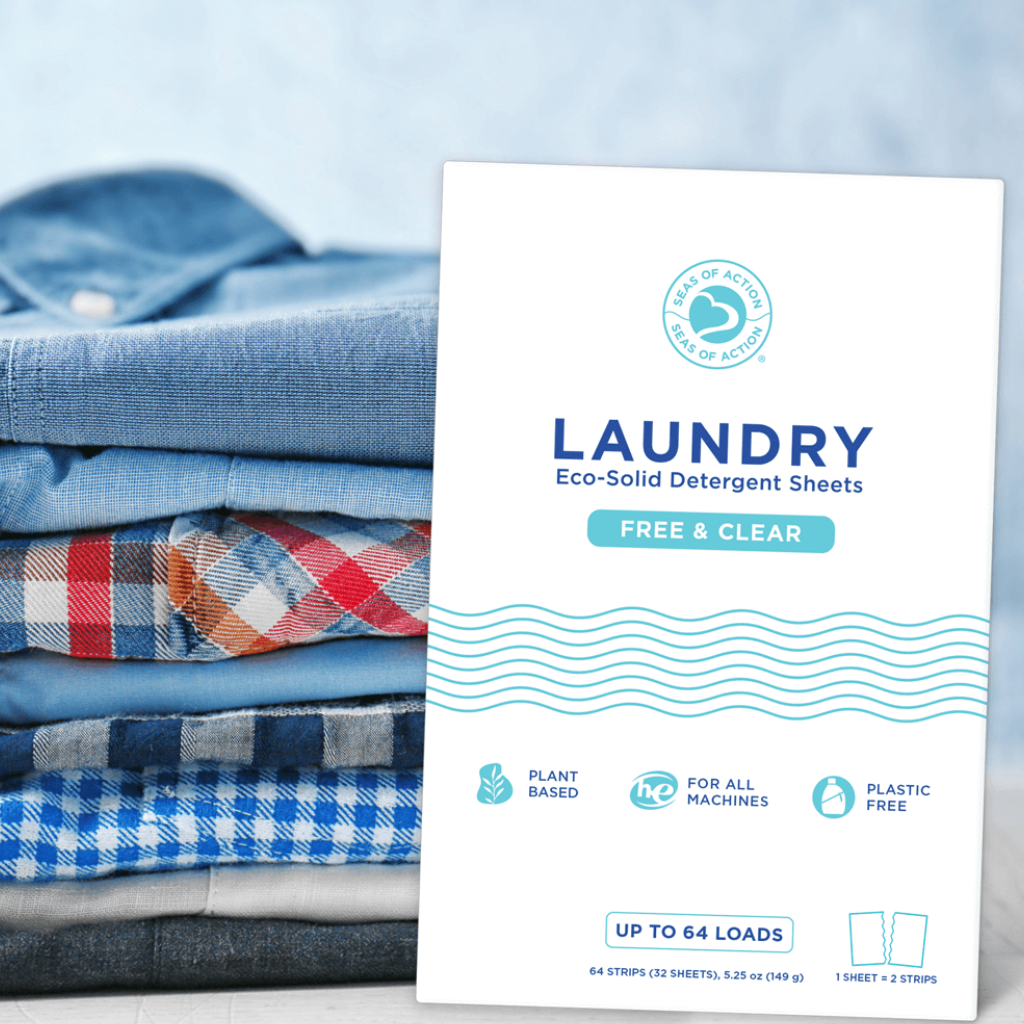 Seas of Action Free and Clear laundry detergent sheets – unscented, plant-based, up to 64 loads, plastic-free packaging