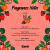 Fragrance notes card with fruit illustrations and Nanah branding on a pink background