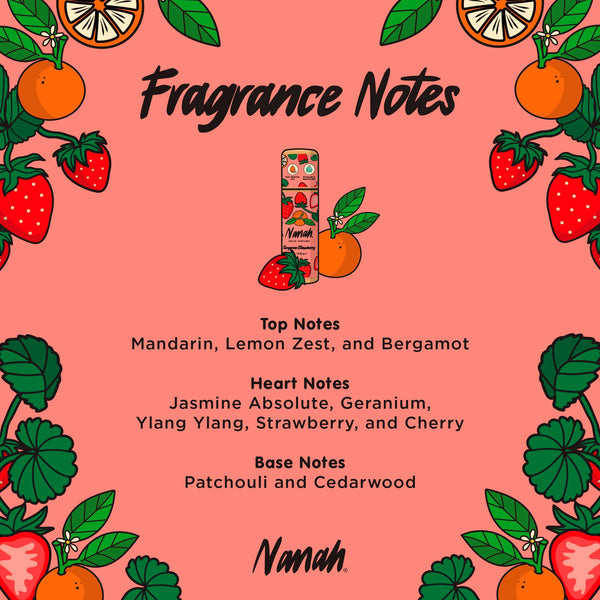Fragrance notes card with fruit illustrations and Nanah branding on a pink background