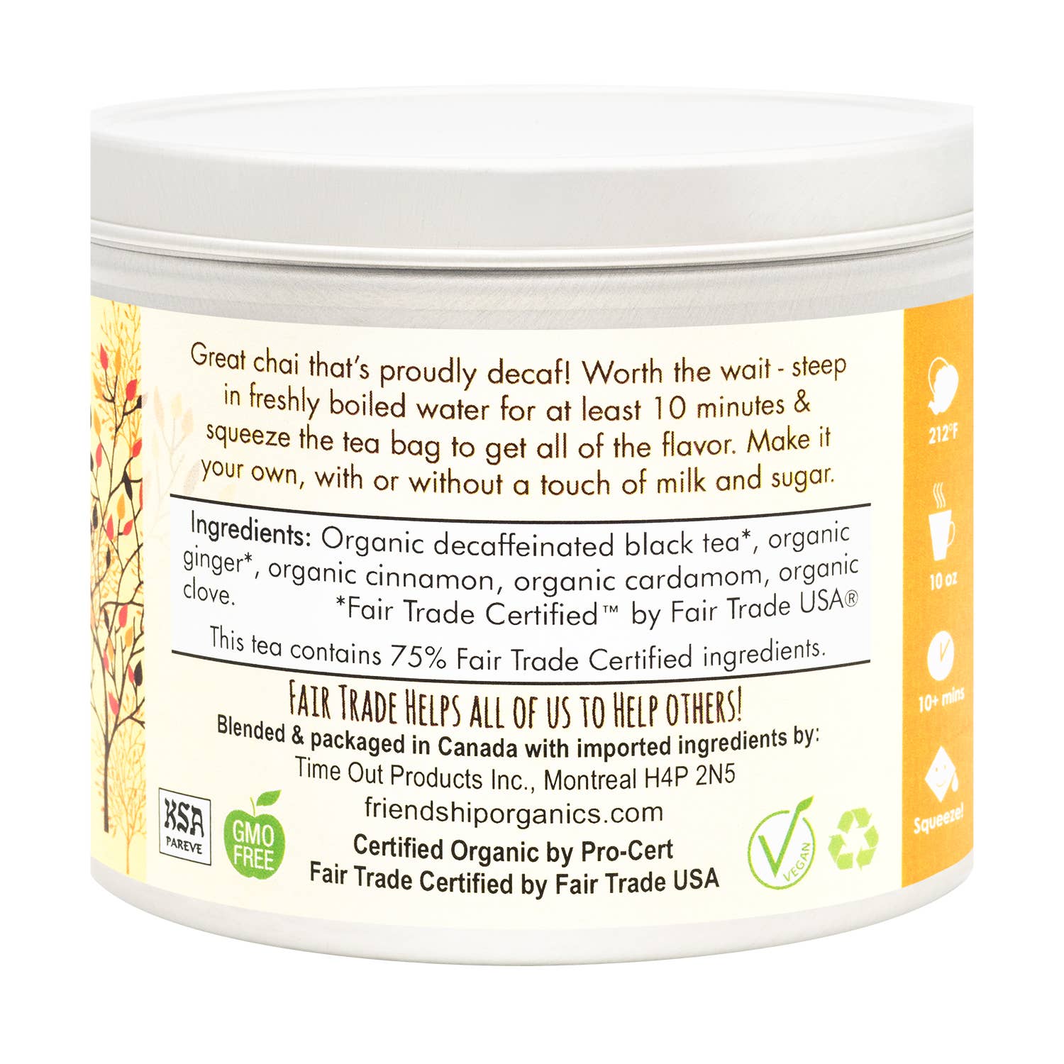 Caffeine-free spiced chai tea brewed hot in a mug – organic, Fair Trade, and kosher certified