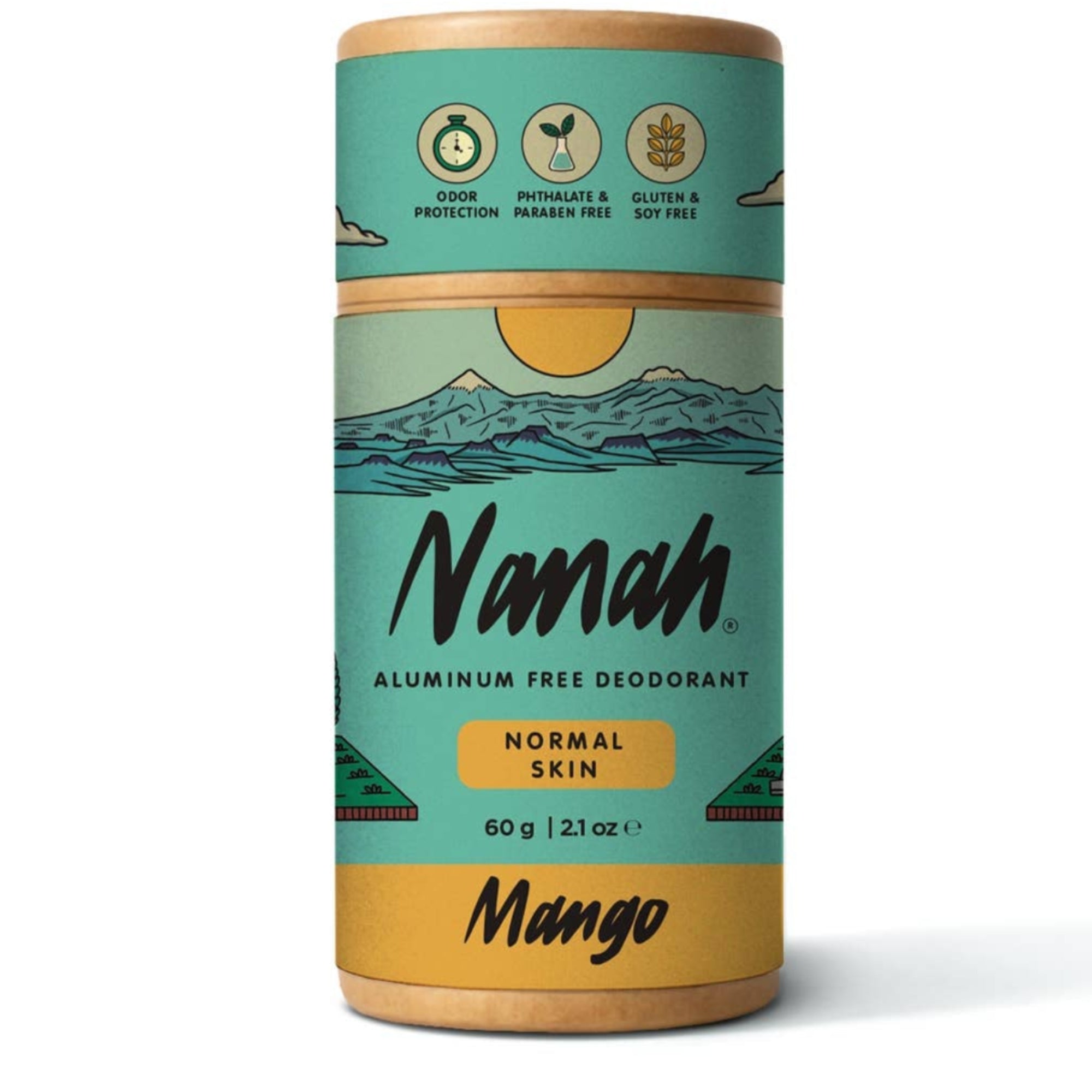 Nanah aluminum-free deodorant canister with green and yellow design on a white background. NANAH Natural Mango deodorant — aluminum-free, 24-hour protection for normal skin. Mango butter, magnesium & zinc ricinoleate. Plastic-free & family safe. Shop now.