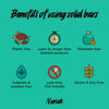 List of benefits of using solid bars with icons and text on a green background, featuring the brand 'Nanah'.