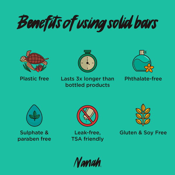 List of benefits of using solid bars with icons and text on a green background, featuring the brand 'Nanah'.