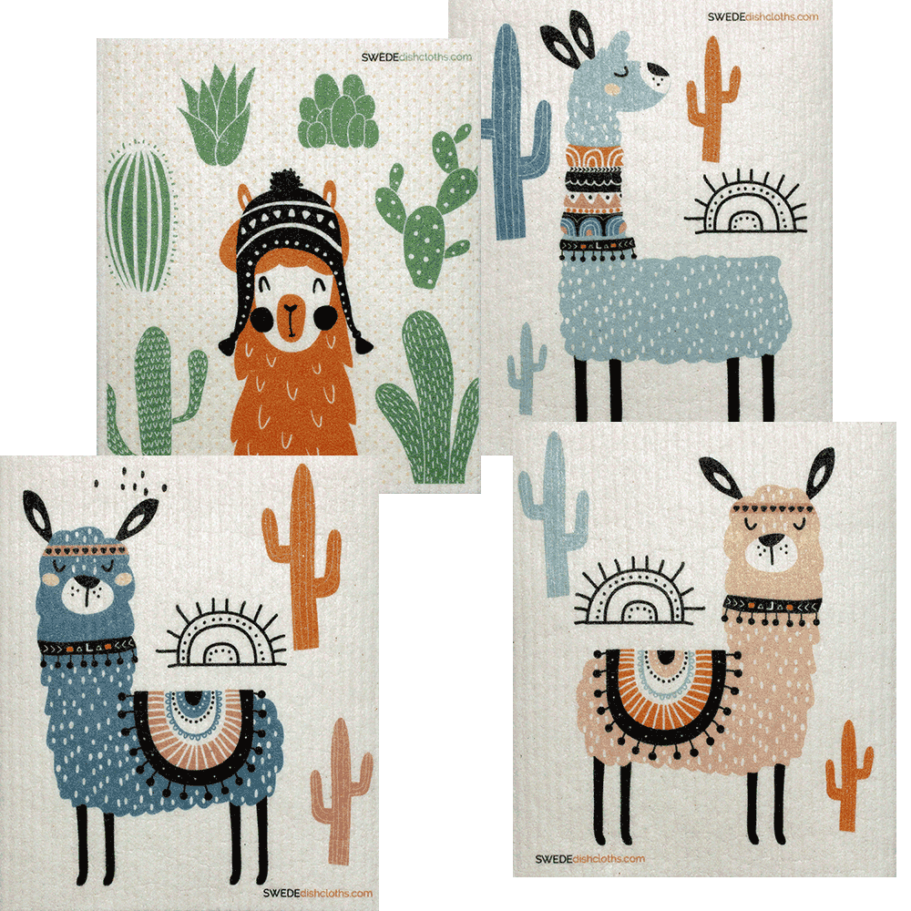 Set of four Mixed Llamas Swedish dishcloths showing all four unique llama print designs — eco-friendly, reusable, and compostable kitchen cleaning cloths