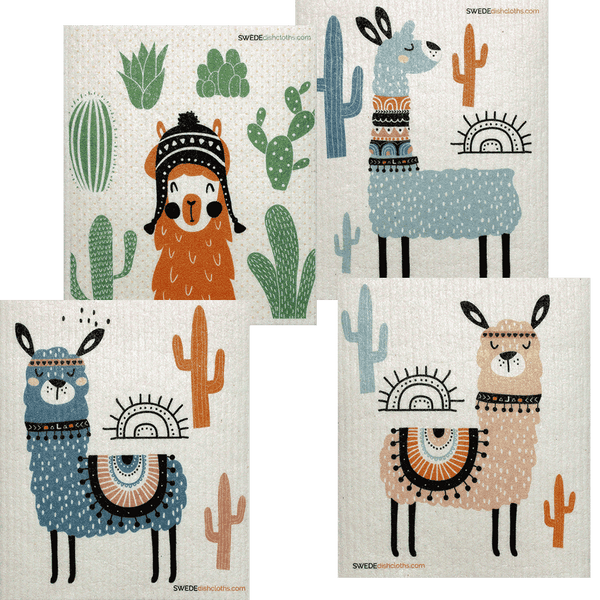 Set of four Mixed Llamas Swedish dishcloths showing all four unique llama print designs — eco-friendly, reusable, and compostable kitchen cleaning cloths